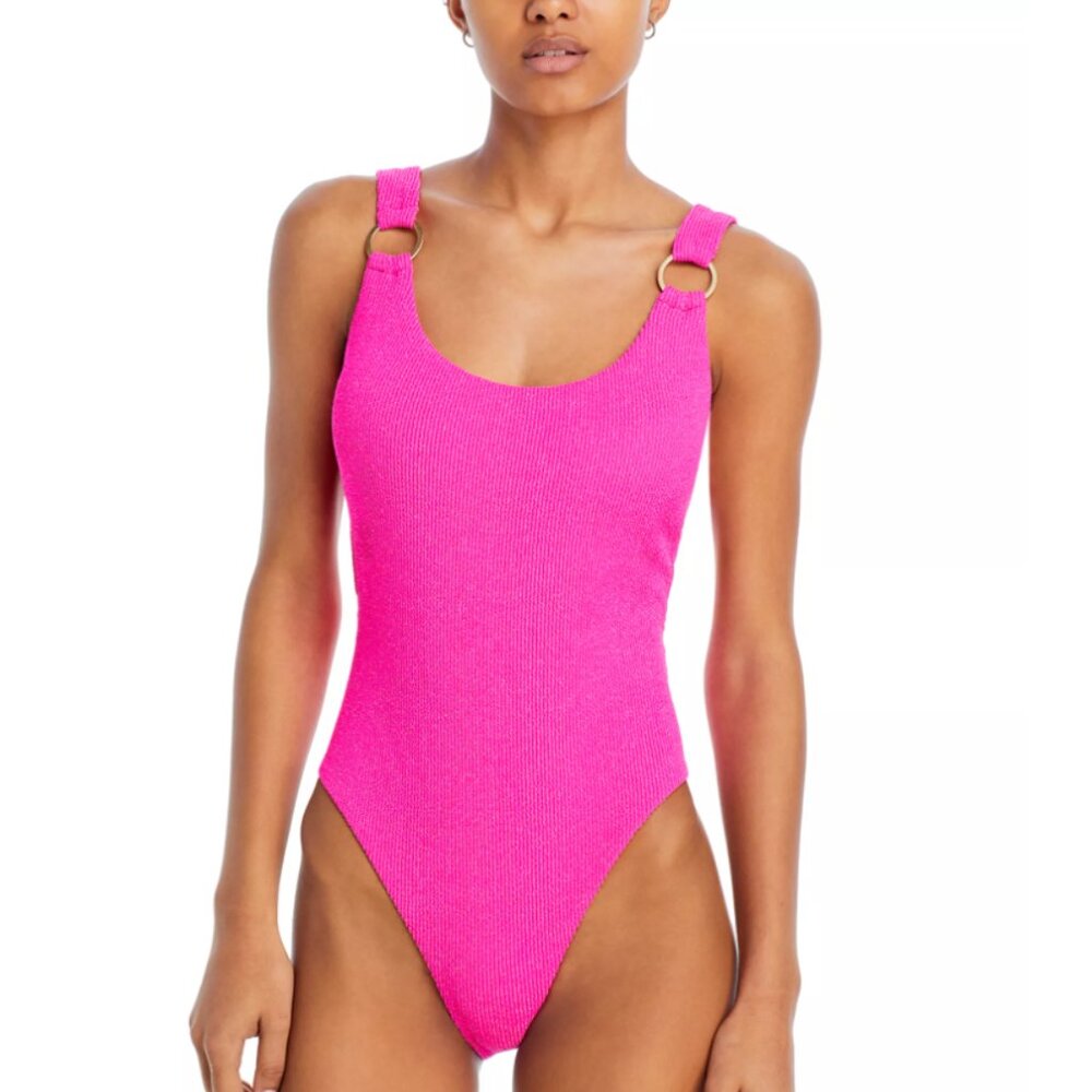 New AQUA Swim O Ring Metallic Crinkle One Piece Swimsuit Pink (Small)